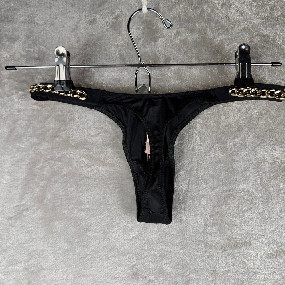 Victorias Secret Very Sexy Black Thong Gold Chain Hardware Panty XS NEW - Picture 2 of 3